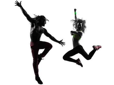 couple man and woman exercising fitness zumba dancing silhouette
