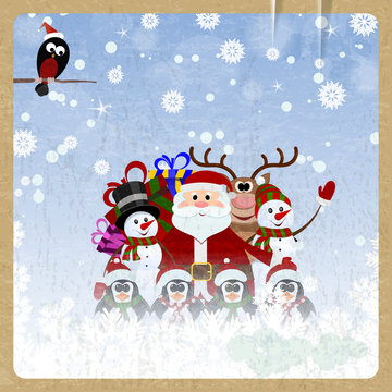 Greeting Christmas card with Santa Claus, reindeer, snowman, pen