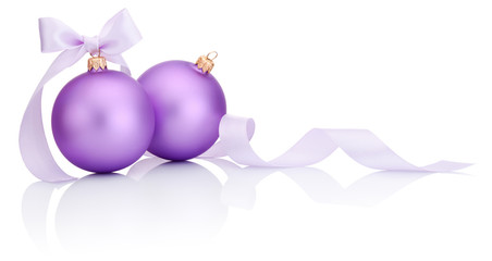 Two purple christmas balls with ribbon bow Isolated on white bac
