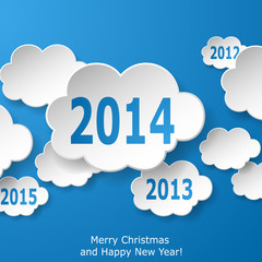 Modern New Year greeting card with paper clouds on blue backgrou