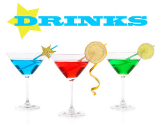 Alcoholic cocktails in martini glasses isolated on white