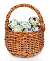 Quail eggs in wicker basket isolated on white