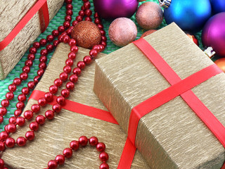Christmas and new year decoration, baubles and gifts