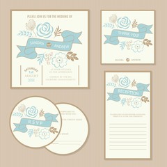 Set of vintage floral wedding invitation cards