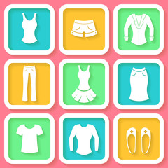 Set of 9 colorful icons of female clothing. Eps10