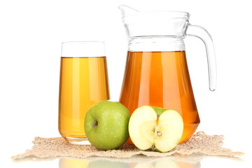 Full glass and jug of apple juice and apples isolted on white