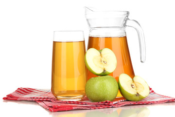 Full glass and jug of apple juice and apples isolted on white