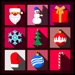 Set of Christmas long shadow flat icons