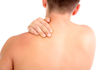 Naklejka premium Young man with neck pain, isolated on white