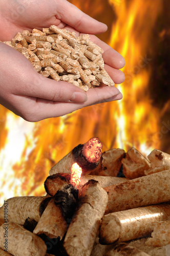 "Hand mit brennenden Holzpellets, Feuer und Glut" photo libre de droits