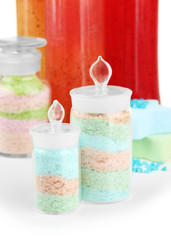 Aromatic salts in glass bottles and body scrubs, isolated