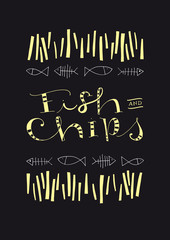 Fototapeta na wymiar Fish And Chips hand-drawn text and illustration