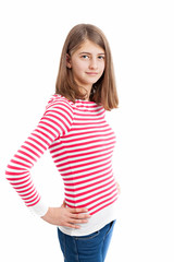 Teenage Girl with long hair and white pink striped shirt