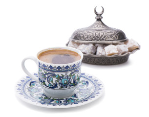 Traditional Turkish coffee served with Turkish delight