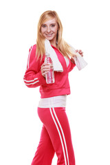 Fitness woman sport girl with towel and water bottle isolated