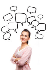 Asian woman smile with arms crossed and speech balloon