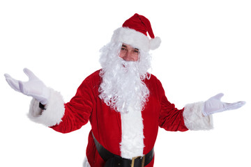 happy santa claus is welcoming you with joy