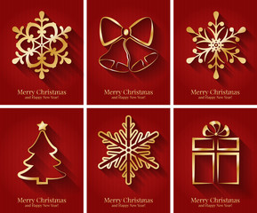 Fototapeta na wymiar Greeting cards with golden Christmas symbols.