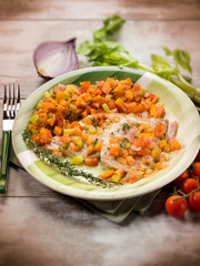 escalope with vegetables salad, selective focus