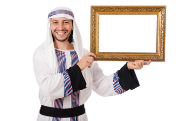 Young arab with picture frame on white