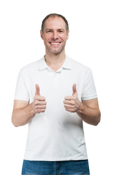 Smiling man in t-shirt show thumb up isolated on white backgroun
