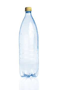 Blue empty plastic bottle and reflection on white background