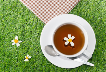 Сup of chamomile tea on green grass