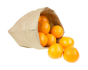 Small oranges spilling from paper bag