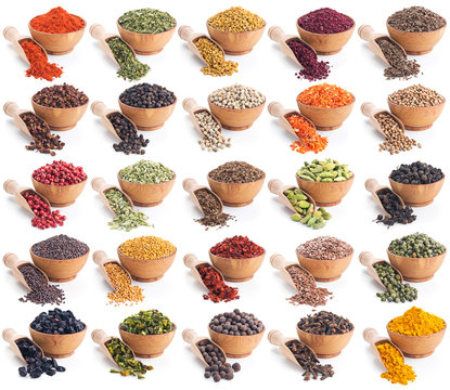 collection of different spices and herbs isolated on white
