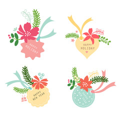 Label set flower, Christmas graphic elements, holiday symbols