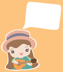 Cute girl playing ukulele with speech bubble
