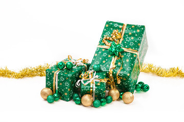 Gift boxes and christmas balls,Isolated on white