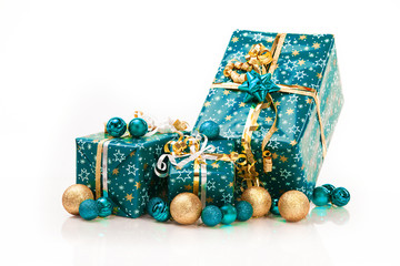 Gift boxes and christmas balls,Isolated on white