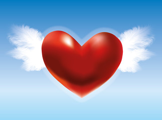 Fototapeta na wymiar Red heart with wings in the blue sky