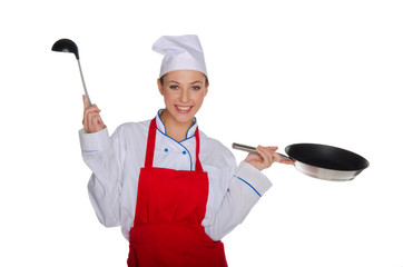 Smiling chef with ladle and pan