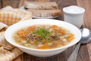 delicious vegetable soup with meatballs