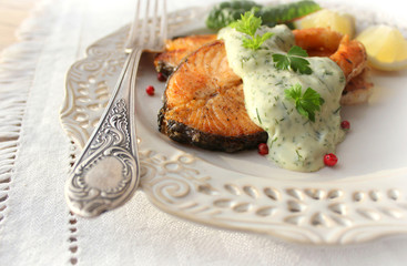 Roasted salmon with sauce