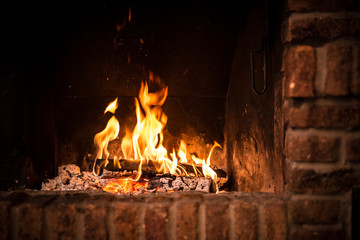 Fire in fireplace - obrazy, fototapety, plakaty