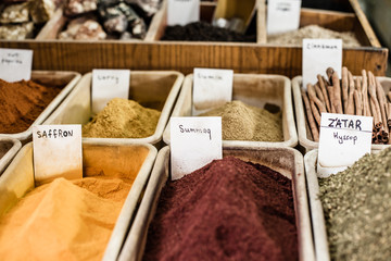 Spices on display in open market in Israel.