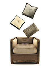 Armchair with pillows on a white background
