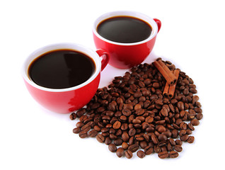 Red cups of strong coffee and coffee beans isolated on white