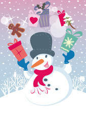 Schneemann jongliert Geschenk