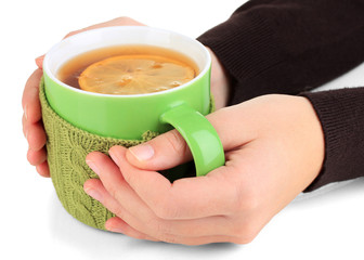 Cup with knitted thing on it in female hands isolated on white