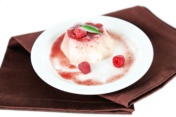 Panna Cotta with raspberry sauce, isolated on white
