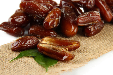 Dried date on sackcloth close up