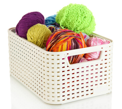 Plastic basket with yarn for knitting isolated on white