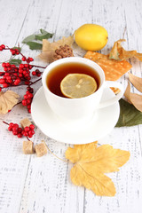 Cup of tea with lemon close up