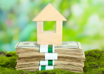 Wooden house on packs of dollars on grass on natural background