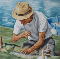 olio su tela che rappresenta un pescatore e la sua rete da pesca - 59035053