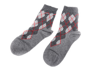 Pair of warm woolen socks. On a white background.